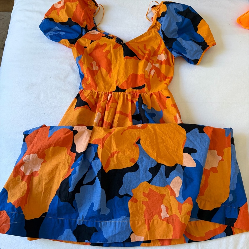 Orange & Blue Floral Puff-Sleeve Dress